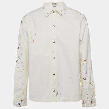 Pre Owned قميص ديور هوم دنيم أبيض مع طلاء متناثر مقاس متوسط (ميديوم)