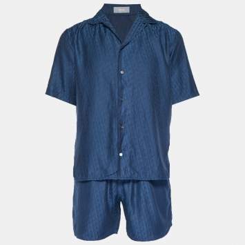 Pre Owned Dior Homme Navy Blue Oblique Satin Shirt and Shorts Set S