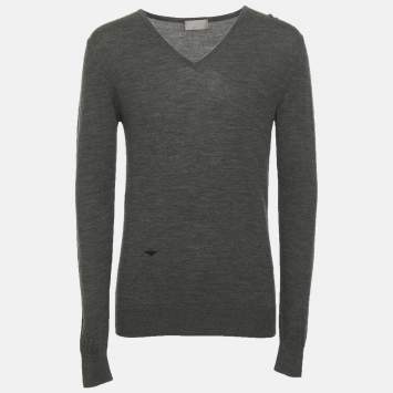 Pre Owned Dior Grey Wool Bee Embroidered V-Neck Sweater S