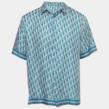 Pre Owned Dior Homme Blue Oblique Silk Short Sleeve Shirt M 