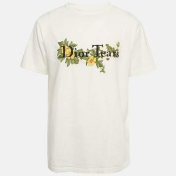 مملوكة مسبقًا Dior x Denim Tears White Floral Logo Embroidered Knit T-Shirt M