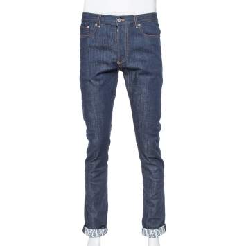 Pre Owned Dior Homme Navy Blue Denim Oblique Print Detail Slim Fit Jeans M