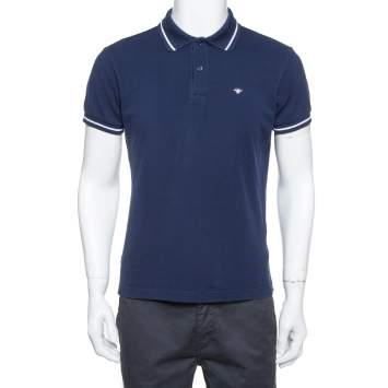 Pre Owned Dior Homme Navy Blue Cotton Pique Striped Collar Polo T-Shirt L