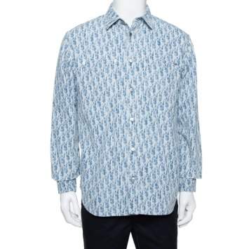 Pre Owned Dior Homme Blue Denim Oblique Motif Long Sleeve Button Front Shirt S