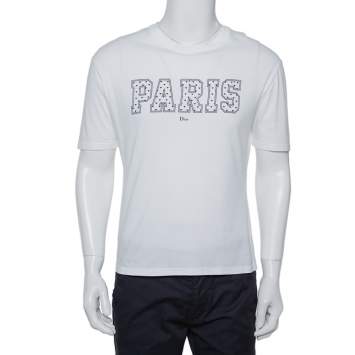Pre Owned Dior Homme White Paris Printed Cotton Crewneck T-Shirt S