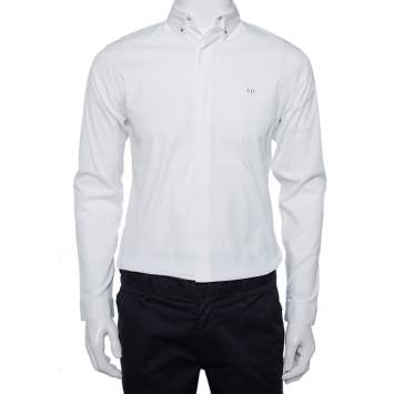 Pre Owned Dior Homme White Cotton Metal Logo Detail Button Front Shirt M