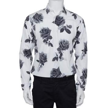 Pre Owned Dior Homme White Rose Printed Cotton Button Front Shirt M