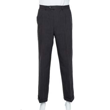Pre Owned Christian Dior Vintage Charcoal Grey Striped Wool Straight Leg Trousers L
