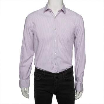 Pre Owned Christian Dior Purple Striped Cotton Button Front Shirt L