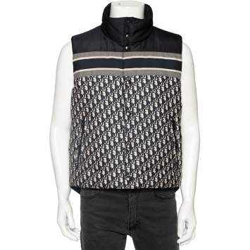Pre Owned Dior Navy Blue Oblique Monogram Synthetic Reversible Sleeveless Puffer Jacket L