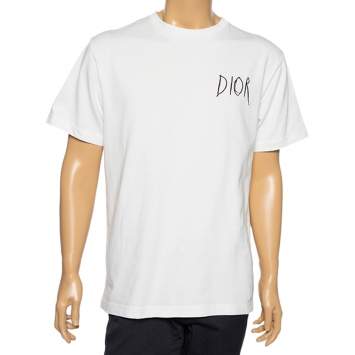 Pre Owned Dior Homme White Logo Embroidered Cotton Crewneck T-Shirt L