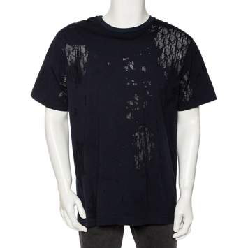 Pre Owned Dior Homme Navy Blue Cotton & Oblique Logo Mesh Inset Crewneck T-Shirt XL