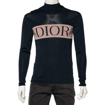 Pre Owned Dior Homme Navy Blue Knit Cashmere Logo Intrasia Knit Trim High Neck Sweater XS