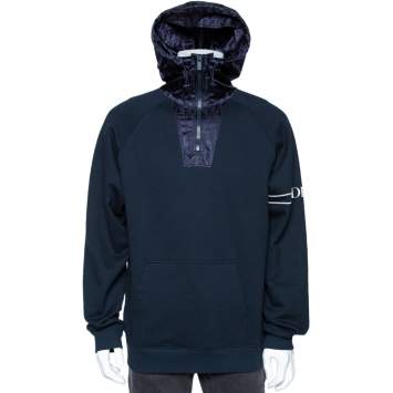 Pre Owned Dior Homme Navy Blue Cotton Knit Oblique Pattern Trim Detail Hooded Sweatshirt L