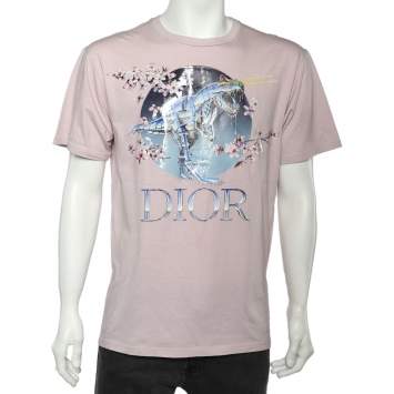 Pre Owned Dior Homme X Sorayama Pink Dinosaur Printed Cotton Crewneck T-Shirt M