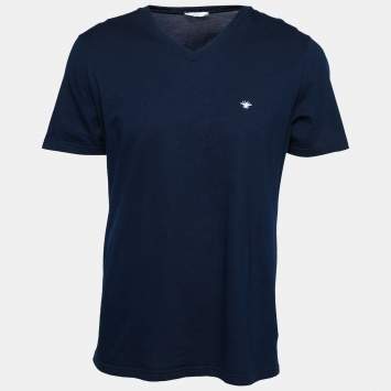 Pre Owned Dior Navy Blue Cotton Bee Embroidered Crew Neck T-Shirt L
