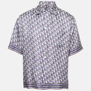 Pre Owned Dior Blue Oblique Pixel Printed Silk Short Sleeve Shirt XL