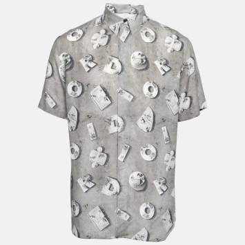 Pre Owned Dior X Daniel Arsham Grey Lunar Printed Crepe Short Sleeve Shirt L