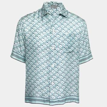 Pre Owned Dior Blue Oblique Pixel Print Silk Short Sleeve Shirt M