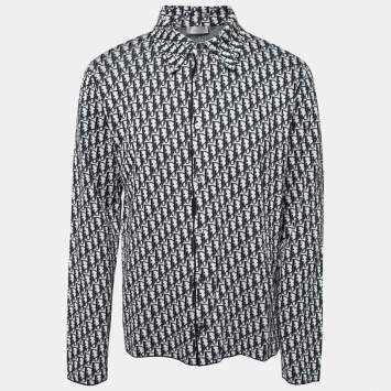Pre Owned Dior Blue/White Cotton Oblique Long Sleeve Overshirt XL