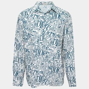 Pre Owned Dior White and Blue Swirl Logo Printed Shirt XL