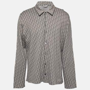 Pre Owned Dior Brown & Grey Oblique Logo Jacquard Knit Button Front Shirt XXL