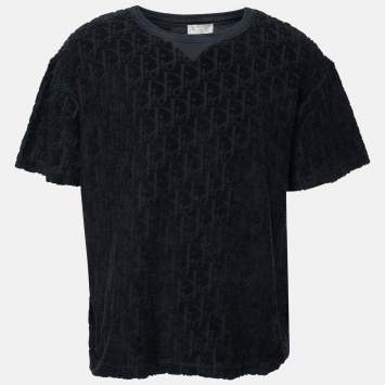 Pre Owned Dior Navy Blue Oblique Monogram Jacquard Terry Short Sleeve T-Shirt XL