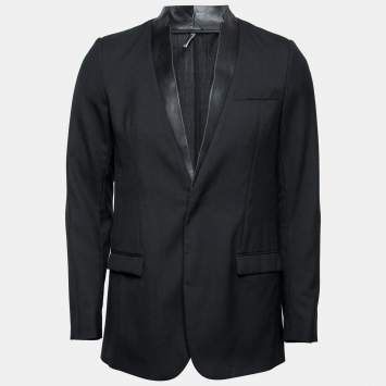 Pre Owned Dior Homme Black Wool & Leather Lapel Single-Breasted Blazer S