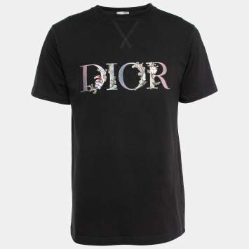 Dior Homme Black Cotton Flower-Embroidered T-Shirt S
