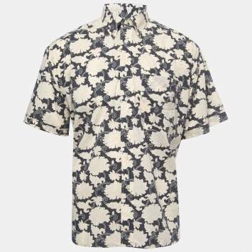 Pre Owned Christian Dior Monsieur Vintage Blue Floral Printed Cotton Short Sleeve Shirt XL