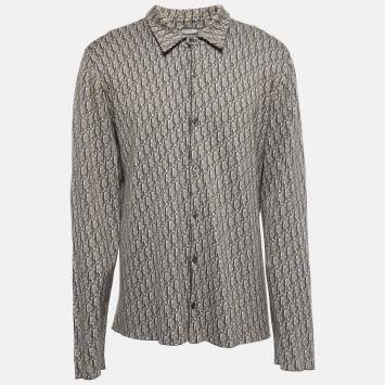 Pre Owned Dior Brown & Grey Oblique Logo Jacquard Knit Button Front Shirt XXL
