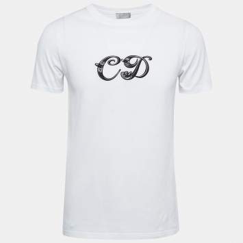 Pre Owned Dior White Logo Embroidered Cotton Crew Neck Half SleeveT-Shirt S