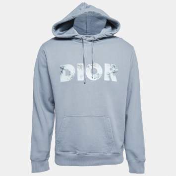 Pre Owned Dior Grey Logo Print Cotton Hoodie M