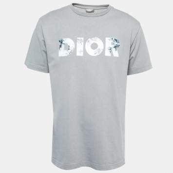 Pre Owned Dior Homme X Daniel Arsham Grey Eroded Logo Print Cotton Crew Neck T-Shirt M