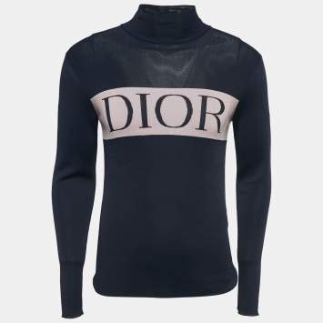 Pre Owned Dior Navy Blue Knit Logo Intarsia High Neck Jumper XS