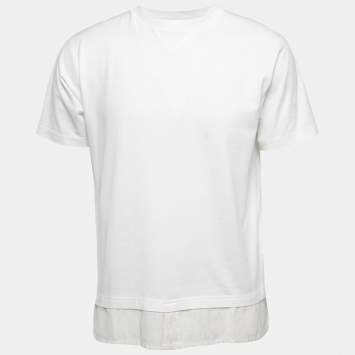 Pre Owned Dior White Cotton Logo Patterned Silk Trim Crew Neck Half Sleeve T-Shirt M
