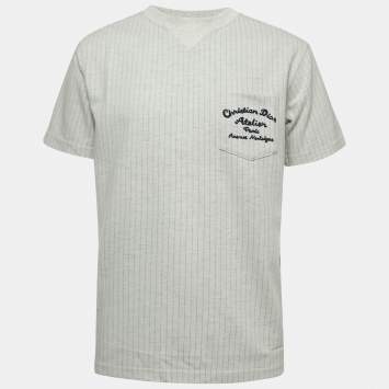Pre Owned Dior Grey Striped Embroidered Wool Crew Neck T-Shirt L