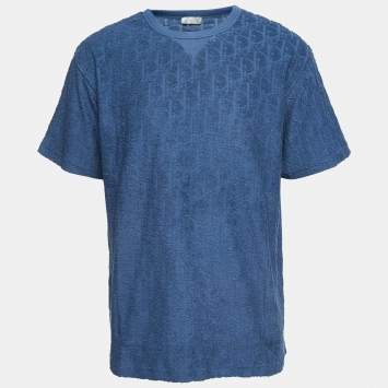 Pre Owned Dior Blue Oblique Jacquard Terry Cotton Relaxed Fit T-Shirt L