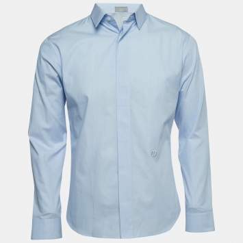 Pre Owned Dior Light Blue Logo-Embroidered Cotton Shirt M