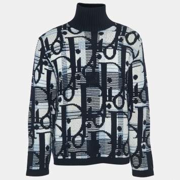 Pre Owned Dior Navy Blue Oblique Patterned Wool Sweater M