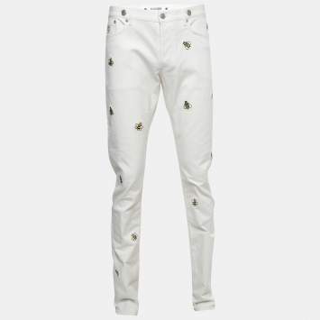 Pre Owned Dior X Kaws White Bee Embroidered Denim Jeans L Waist 34"