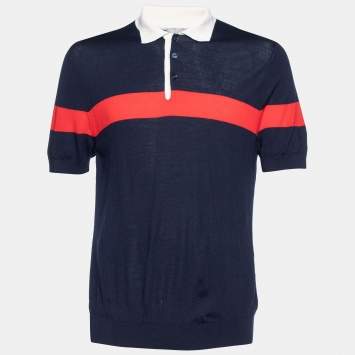 Pre Owned Dior Homme Navy Blue Wool Contrast Stripe Polo T-Shirt L