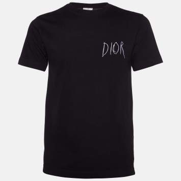 Pre Owned Dior Homme Black Logo Embroidered Cotton Crew Neck T-Shirt XXS