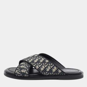 Pre Owned Dior Blue/White Canvas Aqua Crisscross Flat Sandals Size 45