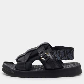 Pre Owned Dior Black/Navy Blue Leather and Oblique Canvas Sandals Size 44