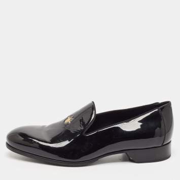 Pre Owned Dior Black Patent Leather Embossed Bee Detail Slip On Loafers Size 42