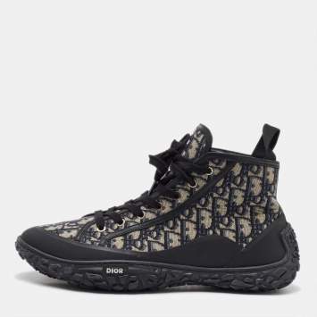 Pre Owned Dior Black/Beige Rubber and Oblique Canvas Diorizon Ankle Boots Size 44
