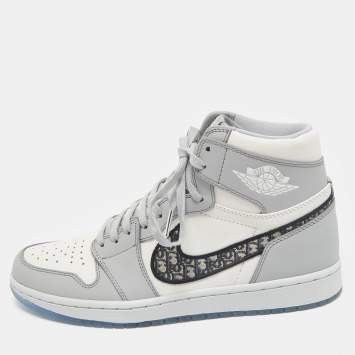 Pre Owned Dior x Jordan Grey/White Leather Jordan 1 Retro High Sneakers Size 43