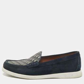 Dior Navy Blue Suede/Beige and Oblique Jacquard Granville Loafers Size 41.5
