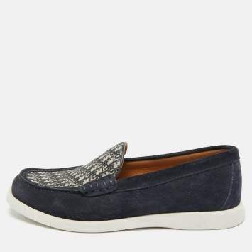 Pre Owned Dior Granville Size 41.5 Navy Blue Oblique Jacquard and Suede Loafers
